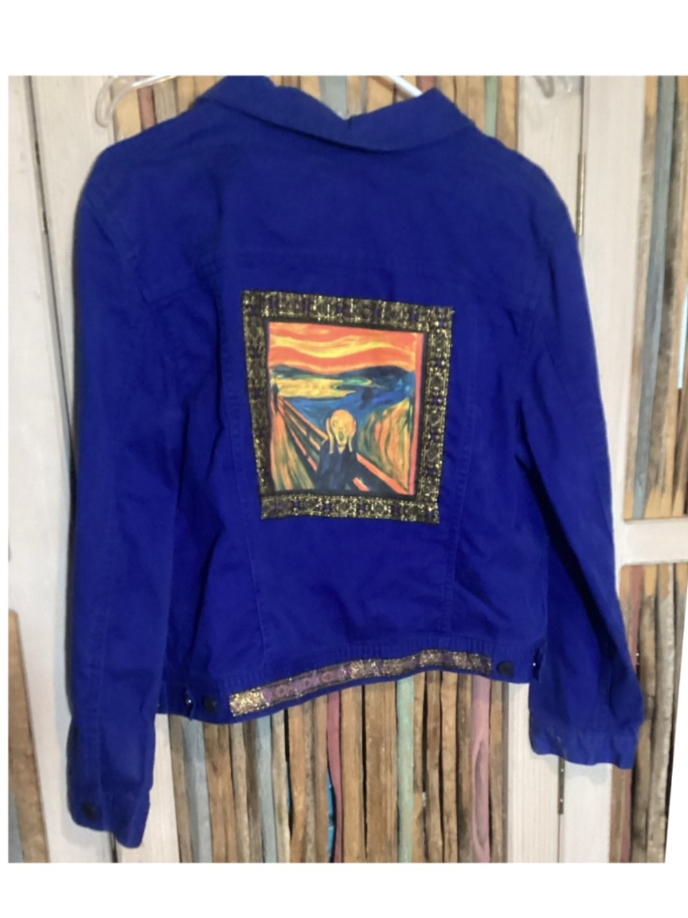 Blue Jean Jacket with ”The Scream” Appliqué on the back- Petite L